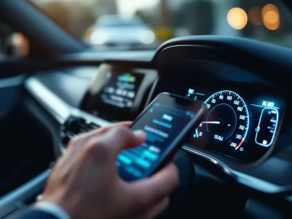 Autodashboard met digitale kilometerteller en hand die tablet vasthoudt met leasedocumenten in luxe auto-interieur