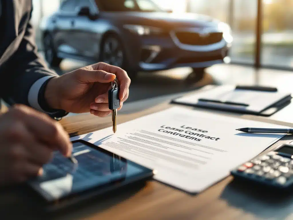 Professionele handen houden autosleutel boven leasedocumenten op bureau met tablet en calculator in achtergrond