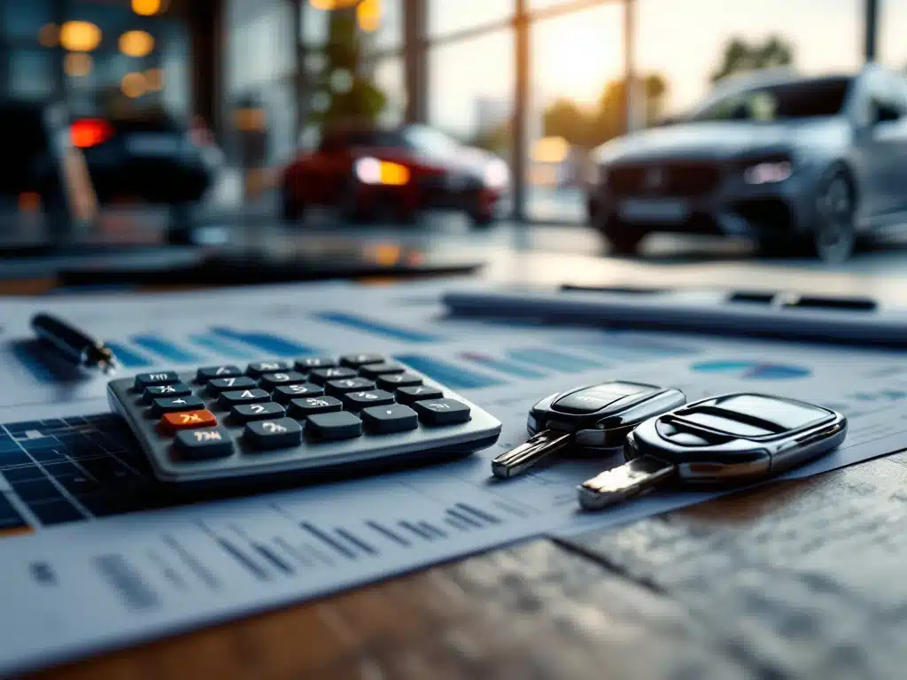 Rekenmachine met belastingpercentages naast autosleutels en leasedocumenten op houten bureau voor financiële planning