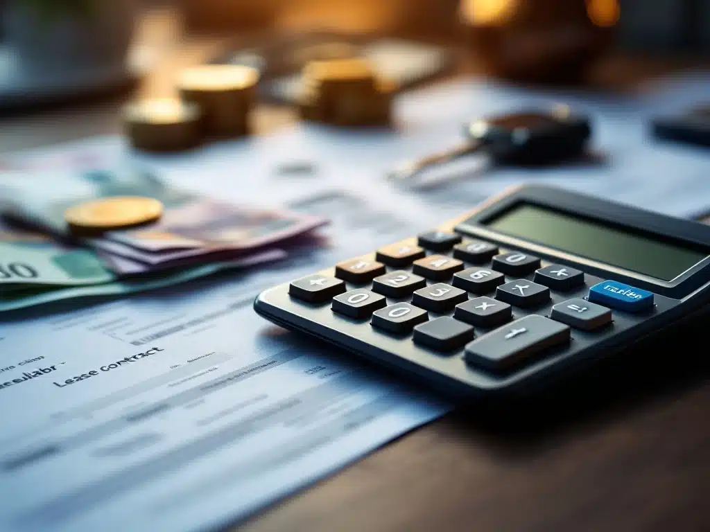 Rekenmachine op bureau met Nederlandse belastingformulieren, leasecontracten, eurobankbiljetten en autosleutels