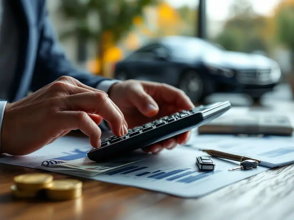 Handen met rekenmachine naast autosleutels en leasecontracten op houten bureau, met euro's en auto op achtergrond