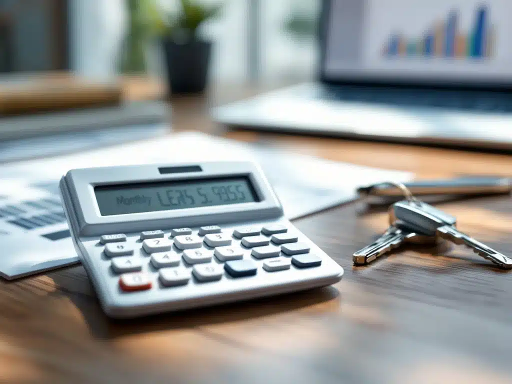 Rekenmachine toont maandelijkse leasekosten naast witte autosleutel op houten bureau met financiële documenten op achtergrond