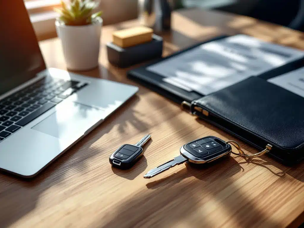 Autosleutels op bureau met laptop met leasecontracten, leren portfolio en visitekaarthouder in modern kantoor
