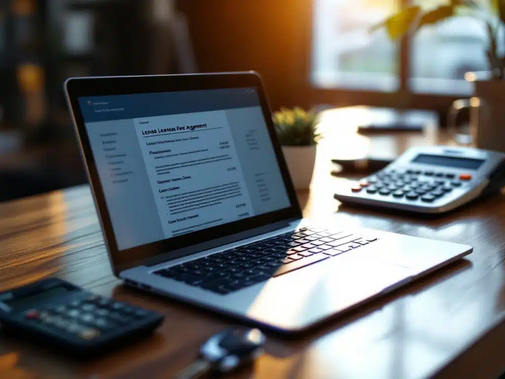 Laptop met financiële documenten en leasecontracten op houten bureau met rekenmachine, pen en autosleutels
