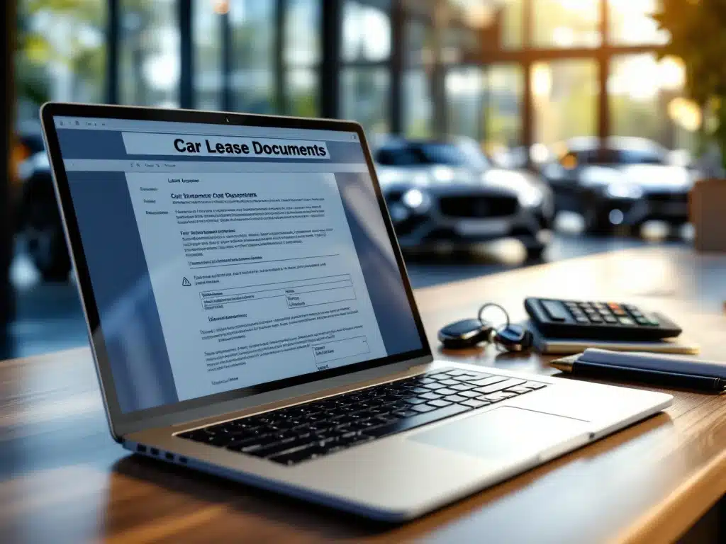 Laptop met autoleasecontracten op houten bureau naast autosleutels, rekenmachine en notitieblok in modern kantoor