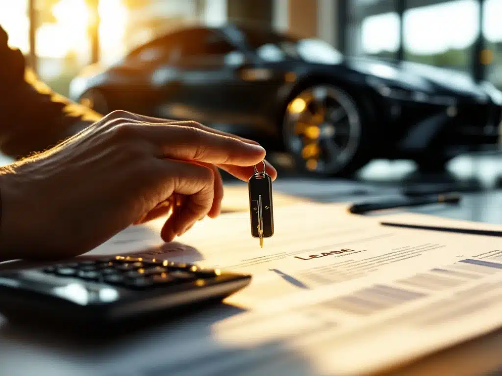 Professionele handen houden autosleutel boven leasedocumenten en calculator op houten bureau in kantoor