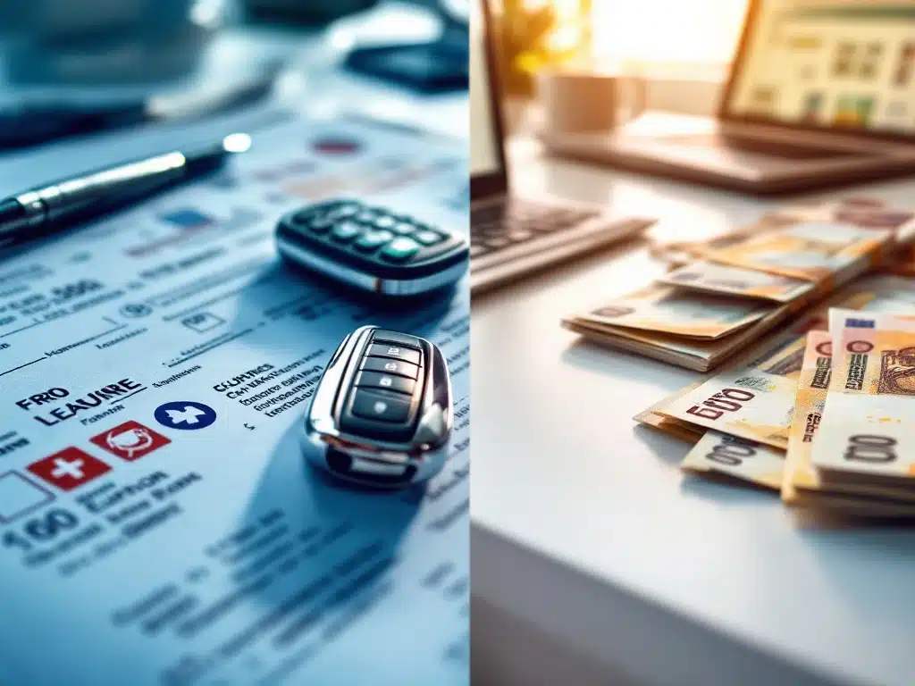 Autosleutel op officiële documenten naast calculator, laptop en eurobiljetten op wit bureau voor autoleasing