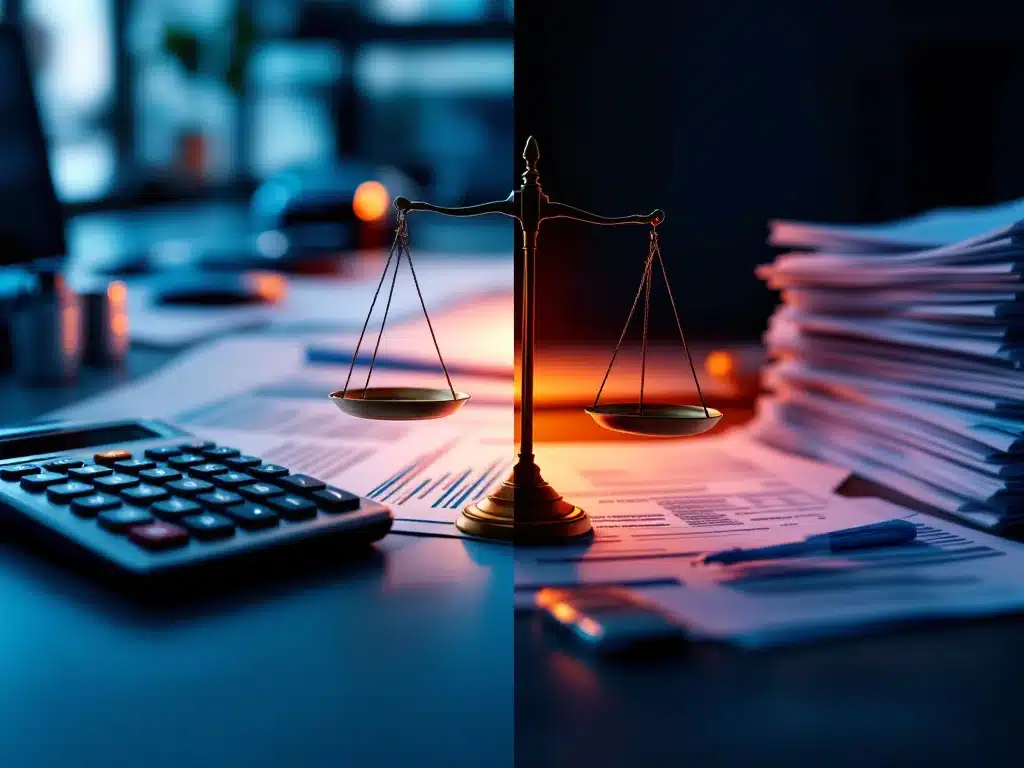 Auto leasedocumenten met rekenmachine links, autosleutel met koopcontracten rechts, weegschaal symbool in het midden