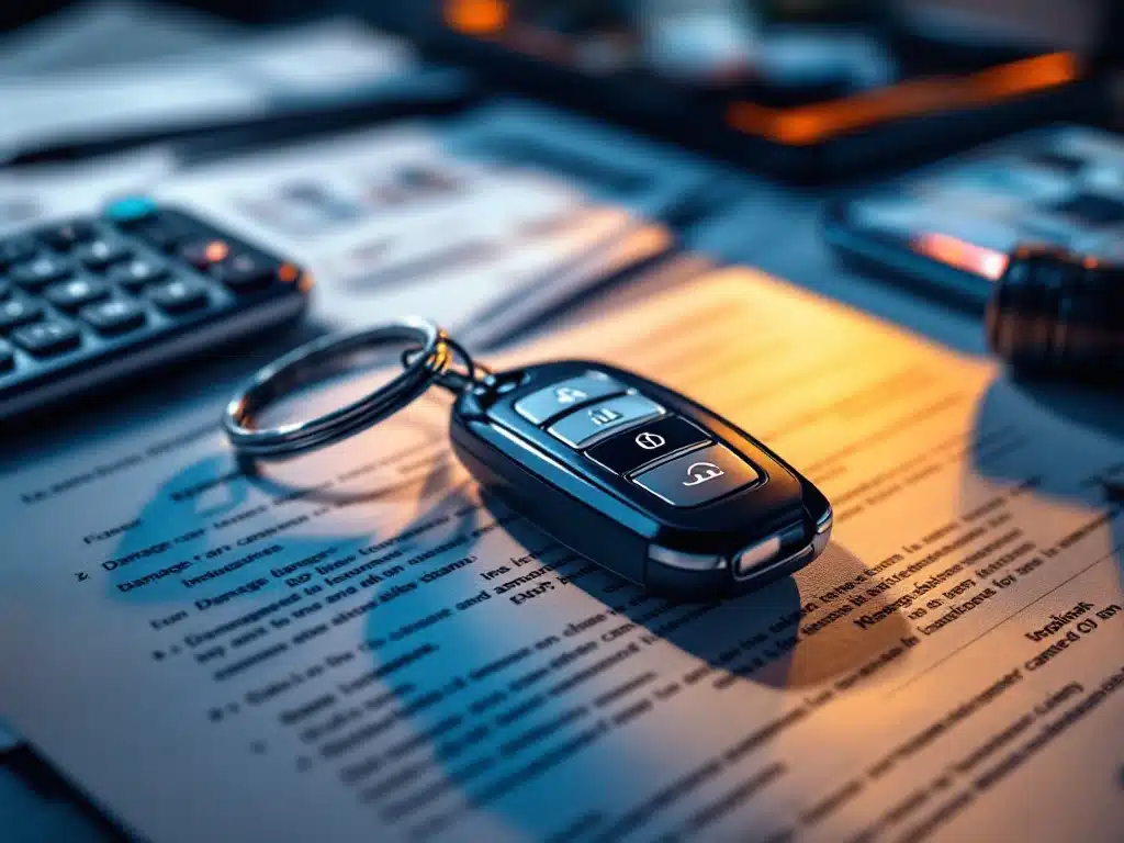 Moderne autosleutel op lease documenten met calculator en smartphone voor schade-assessment op kantoorbureau