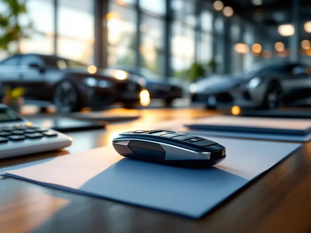Moderne autosleutel op houten bureau met documenten, calculator en luxe auto's op achtergrond in kantoor