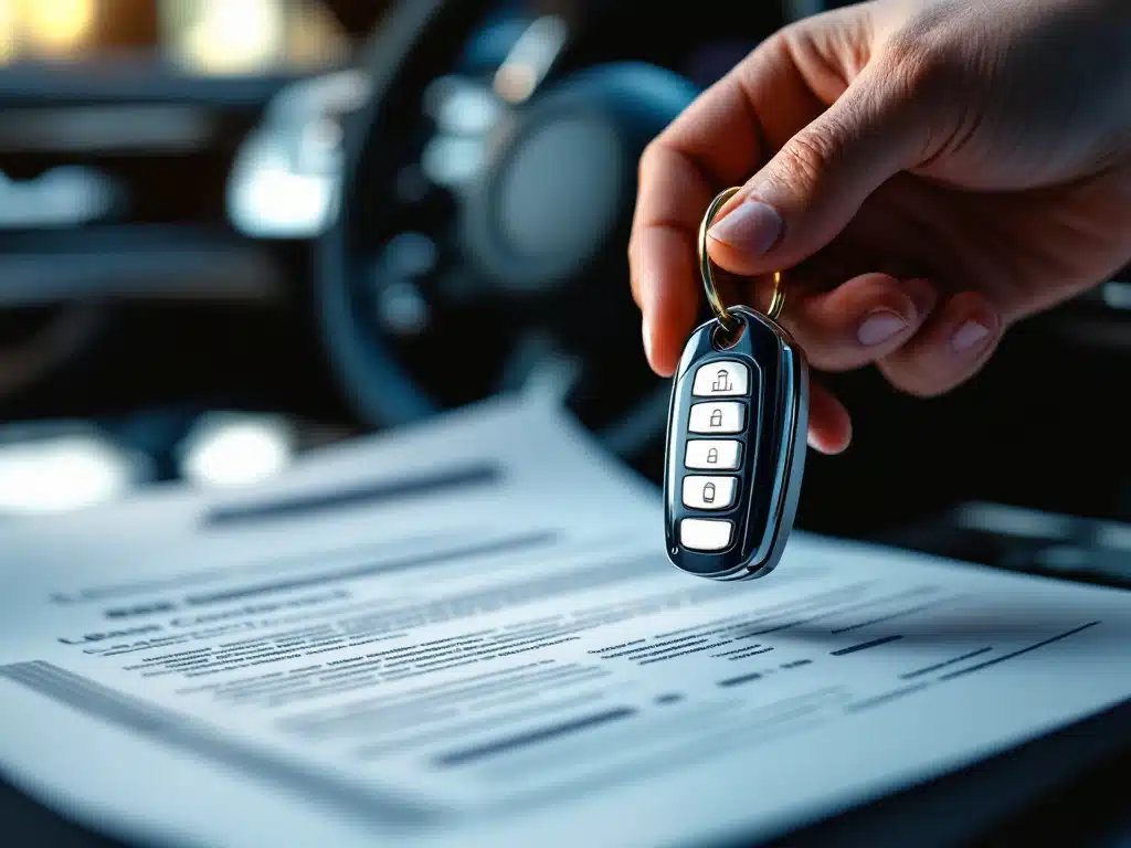 Autosleutels worden overhandigd boven leasecontract met luxe auto-interieur op achtergrond