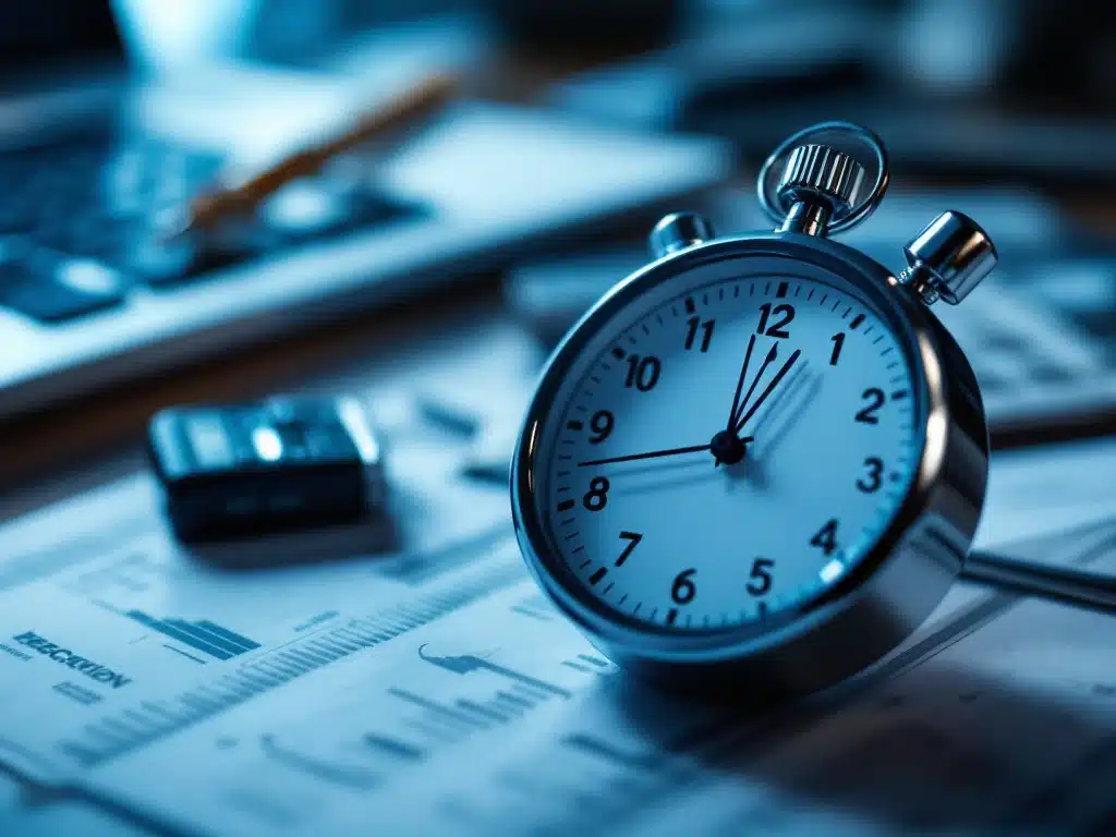 Stopwatch in focus met onscherpe zakelijke documenten en autosleutel, professionele leasingproces voor zelfstandigen