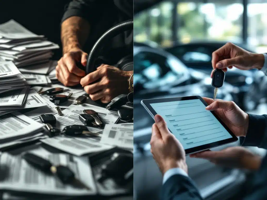 Handen aan stuur met stapels papieren versus handen met enkele autosleutel en tablet in autoshowroom, contrast chaos en eenvoud