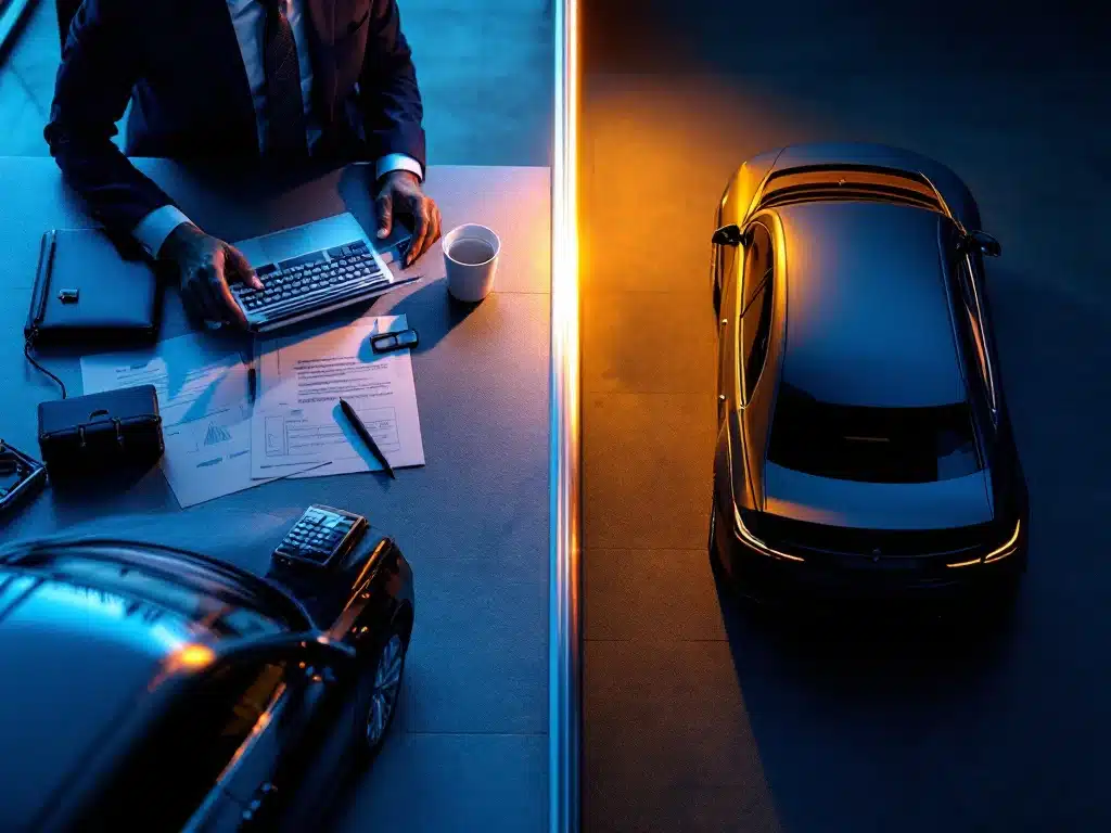 Split-screen vergelijking autoleasing: luxe sedan bij zakelijk bureau links, gezinsauto bij thuiskantoor rechts