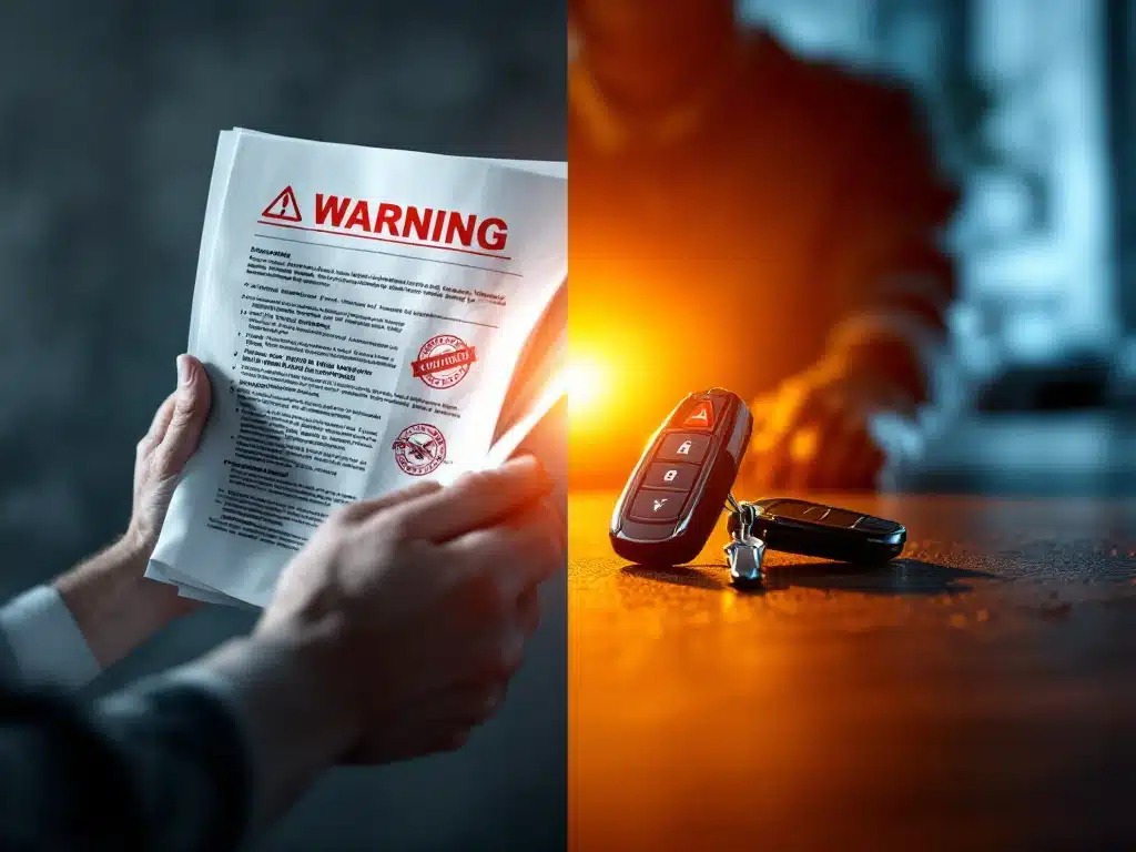 Freelancer houdt financiële documenten met waarschuwingsstempels naast autosleutels, symboliseert overgang naar leasing