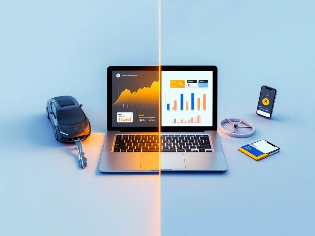 Moderne autosleutel naast alternatieve vervoersopties: laptop, smartphone, ov-kaarten en fiets op wit-blauwe achtergrond