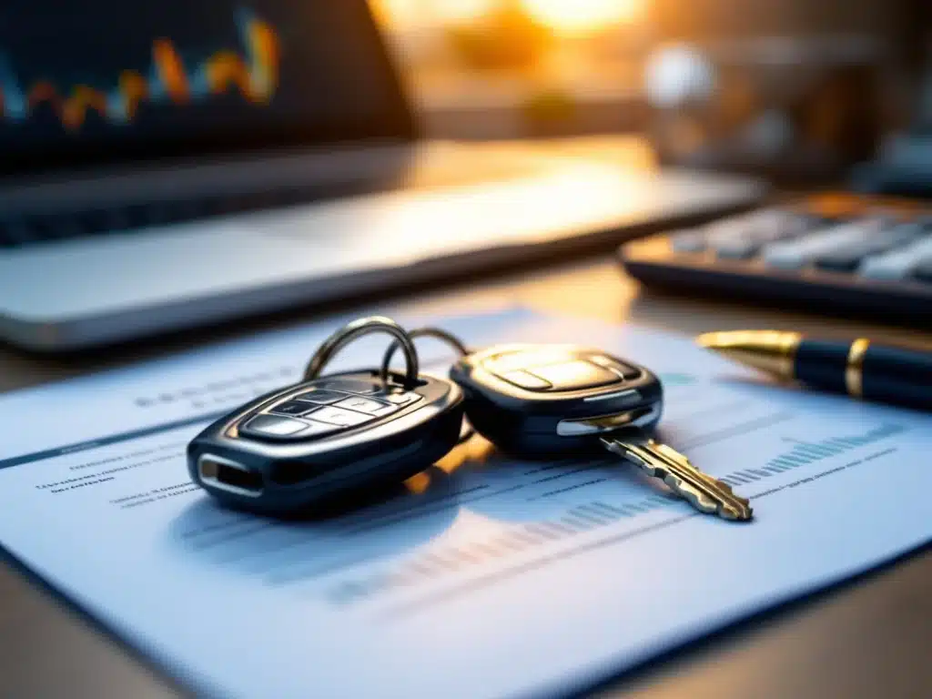 Autosleutels op lease documenten met laptop, rekenmachine en pen op professioneel bureau voor zakelijke financiering