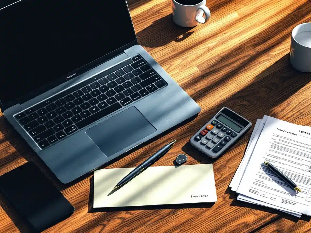 Moderne bureauopstelling met laptop met leasedocumenten, autopapieren, autosleutels en ZZP-materialen op houten tafel