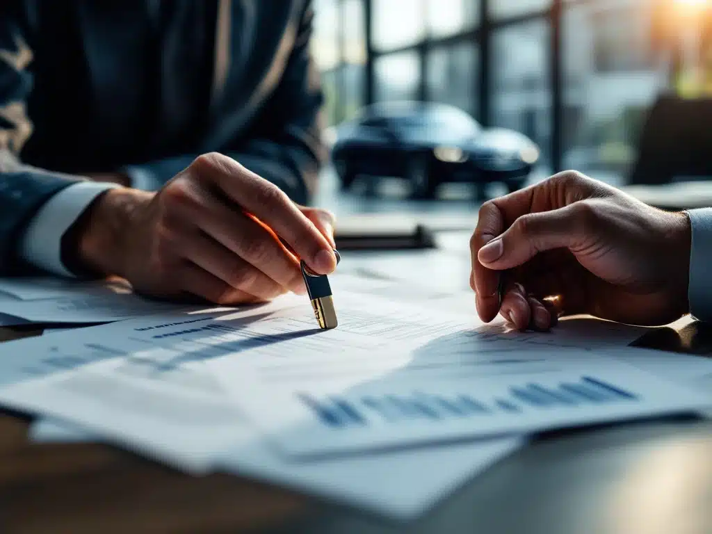 Handen houden autosleutel boven leasedocumenten op bureau met luxeauto zichtbaar op achtergrond door raam