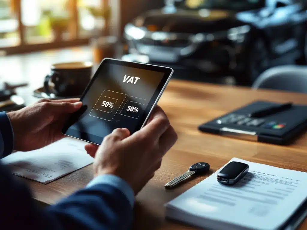 Handen houden tablet met BTW-berekening op houten bureau naast autosleutels, leasedocumenten en luxe auto op achtergrond