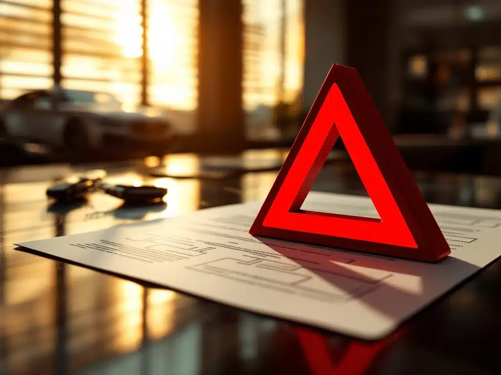 Zakelijk contract op bureau met rode waarschuwingsdriehoek, autosleutels en luxe auto op achtergrond zichtbaar