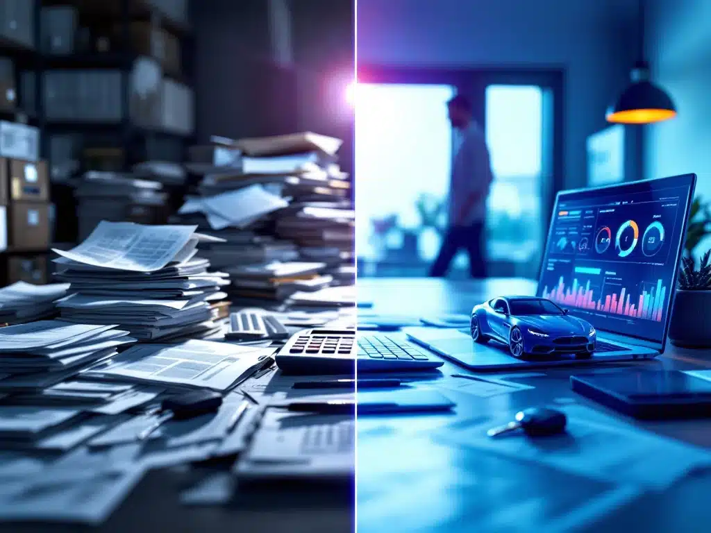 Split-screen kantoor met traditionele papierwerk links versus moderne digitale werkplek met laptop en luxe auto rechts
