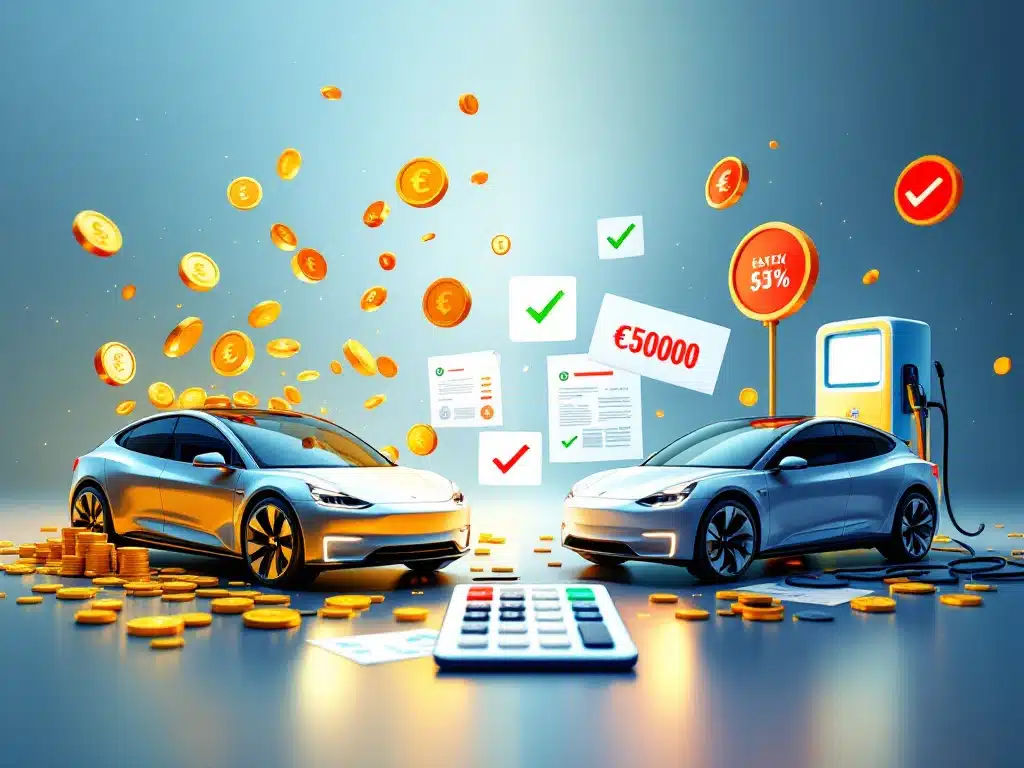 Elektrische auto met gouden munten versus traditionele auto met tankstation, calculator toont kostenbesparingen