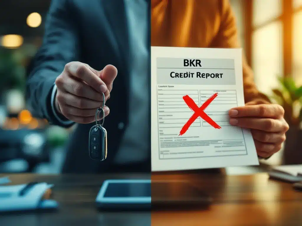 Freelancer houdt autosleutels vast naast doorgestreept BKR-rapport, auto op achtergrond, professionele kantooromgeving