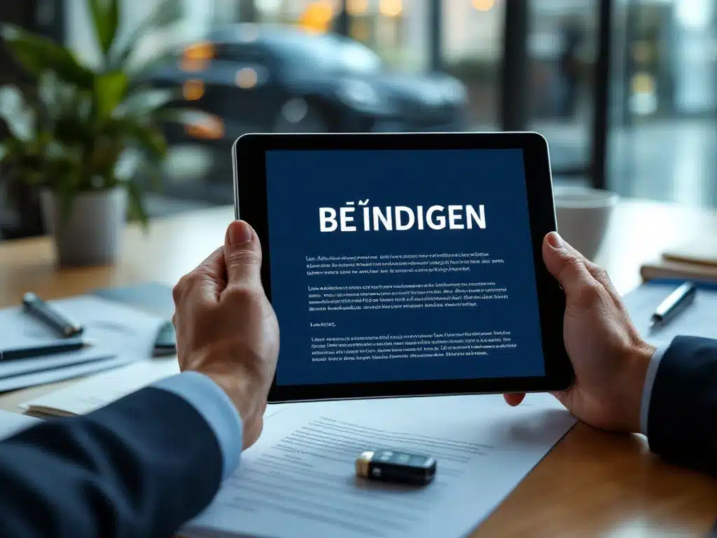 Professionele handen houden tablet vast met digitaal leasecontract waarbij "BEËINDIGEN" gemarkeerd is op modern bureau