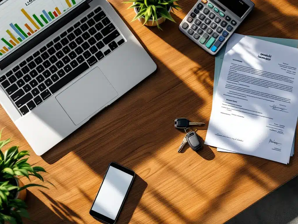 Houten bureau met laptop met financiële spreadsheets, leasecontracten, rekenmachine, autosleutels en smartphone met Leaselabel website