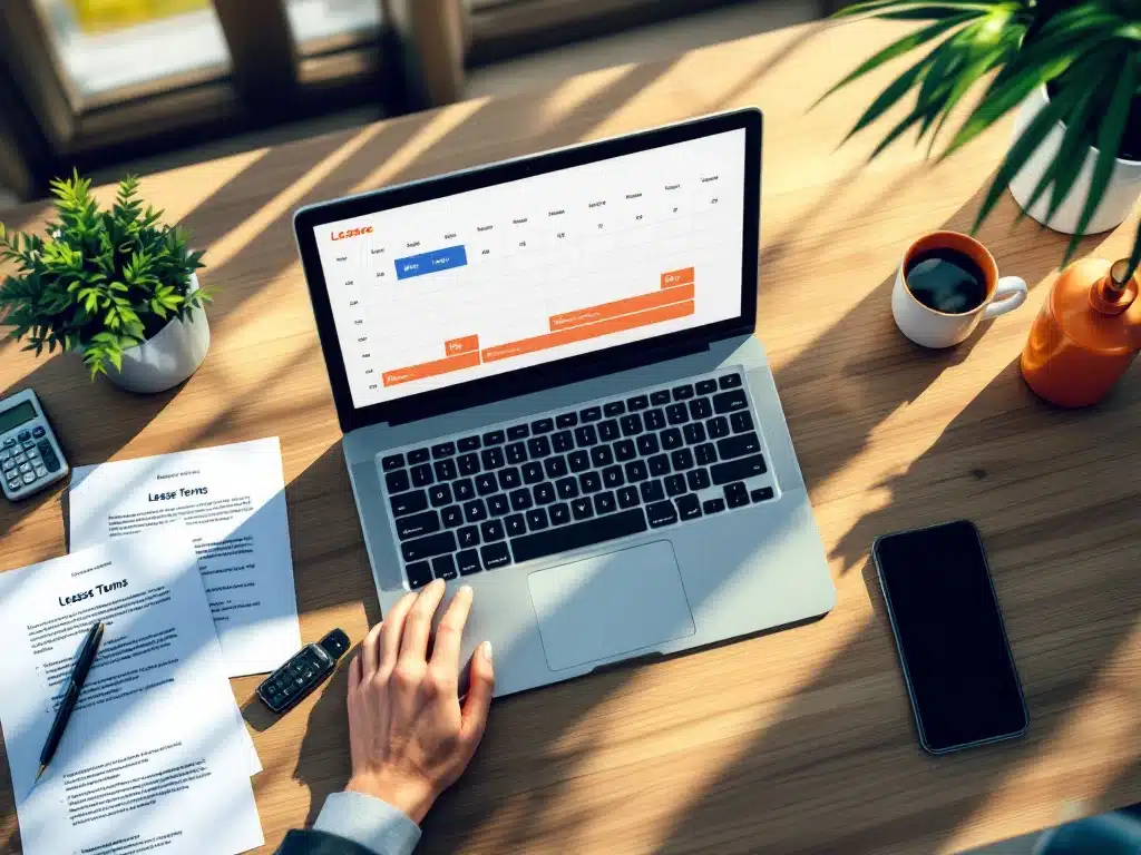 Laptop met digitale kalender toont lease opties op moderne bureau met calculator, autosleutels en documenten