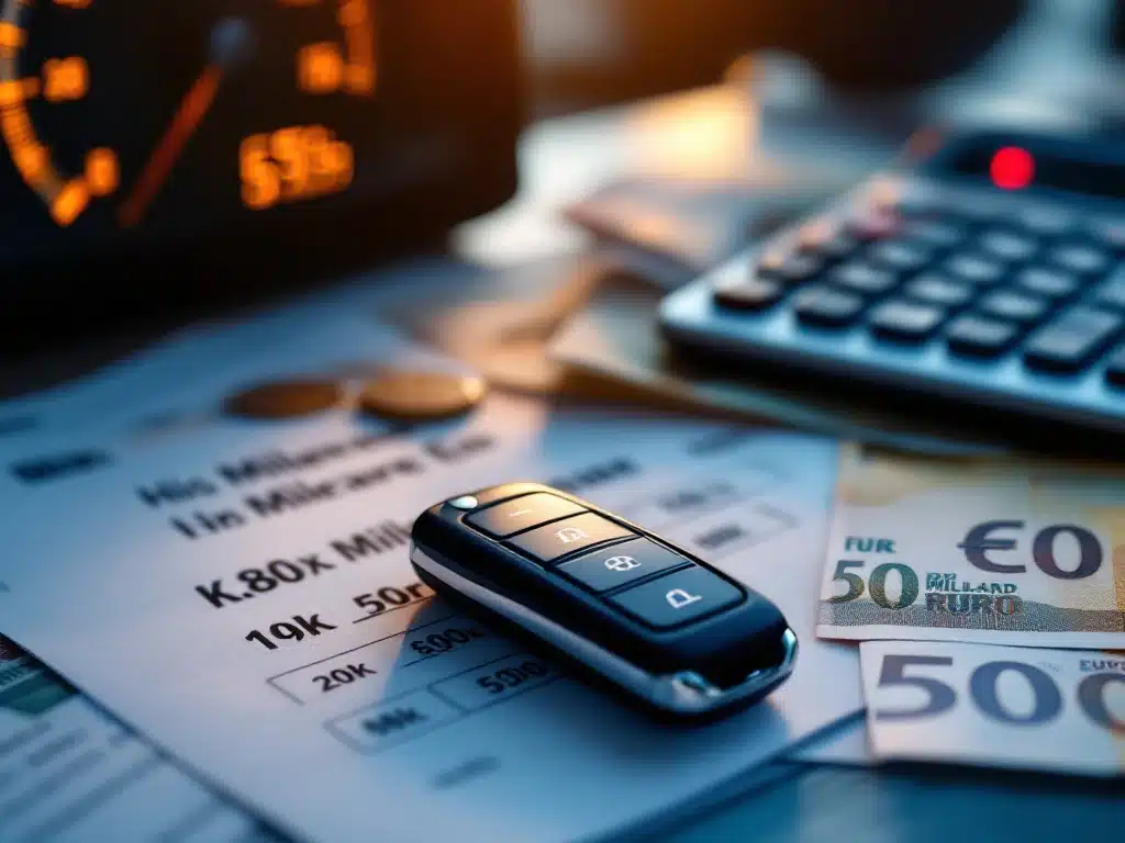 Auto kilometerteller met hoge kilometerstand, calculator, eurobiljetten en financiële documenten op bureau