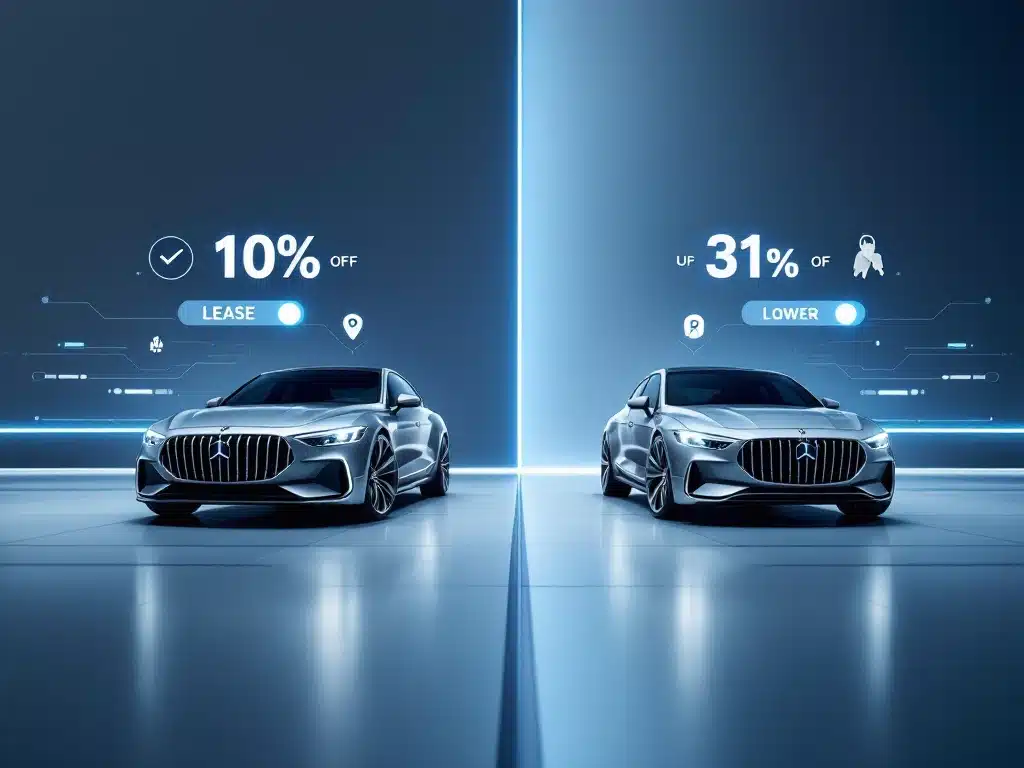 Gesplitst scherm toont moderne auto met huur- en eigendomssymbolen, operational vs financial lease vergelijking