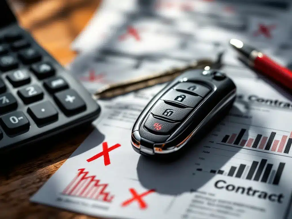 Zwarte autosleutel op houten bureau met financiële documenten met rode waarschuwingen en dalende grafieken