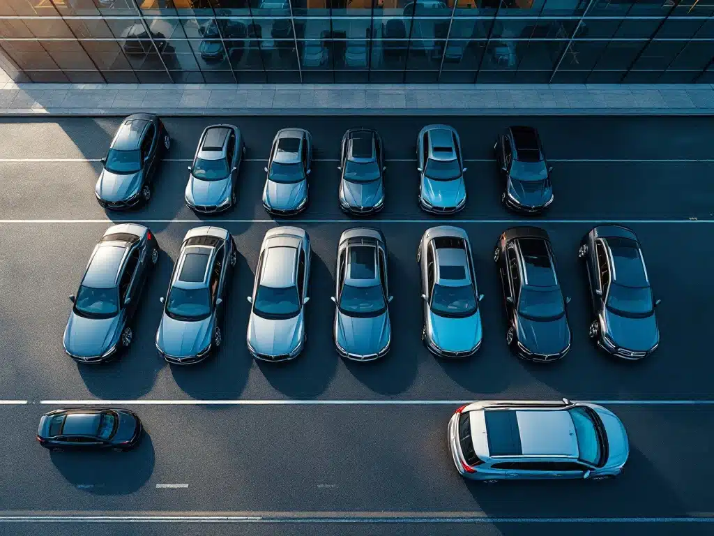 Luchtfoto van zakenauto's in formatie op asfalt voor modern kantoorgebouw, fleet management concept