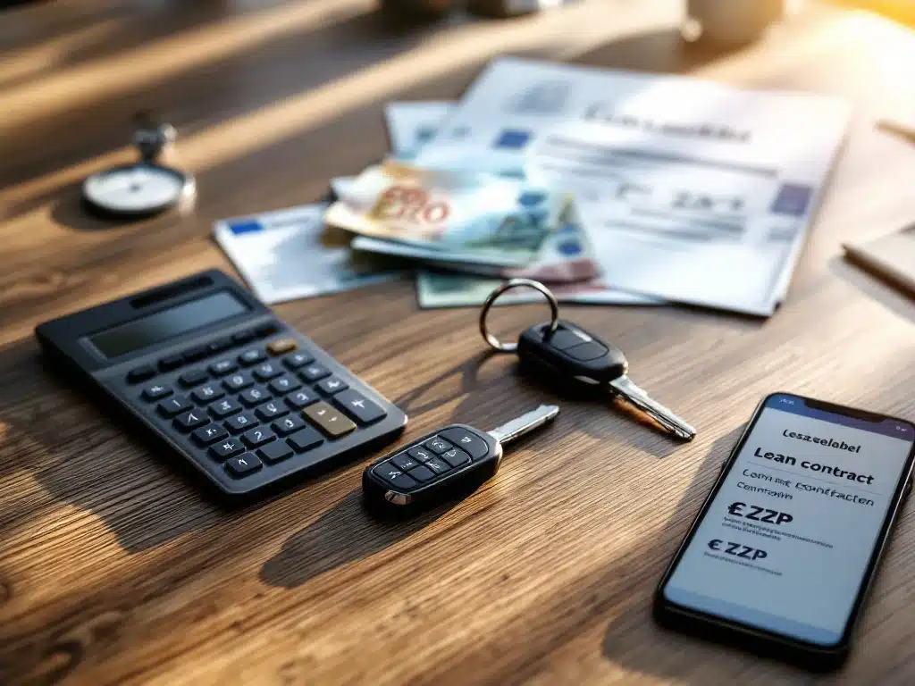 Moderne kantoorbureau met rekenmachine, eurobiljetten, Nederlandse ZZP belastingdocumenten en autosleutel naast smartphone