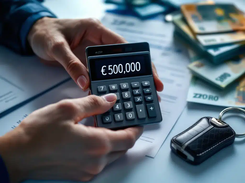 Handen met rekenmachine die €50.000 toont boven Nederlandse ZZP-documenten, met luxe autosleutel en eurobiljetten