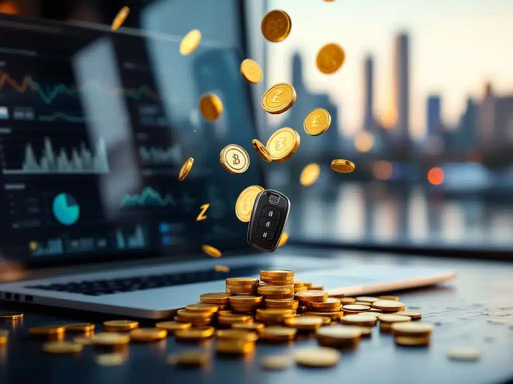 ZZP ondernemer werkplek met laptop financiële grafieken en auto sleutel, gouden munten en euro's stromen ertussen