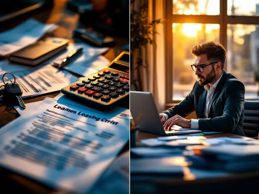 Gesplitst scherm toont ZZP-leaserisico's: gestresste freelancer met onbetaalde facturen versus georganiseerde ondernemer