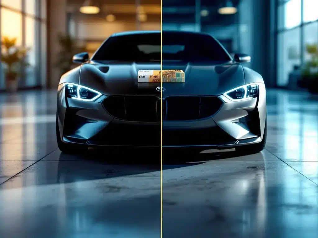 Twee moderne auto's in showroom, ƩƩn met stapel eurobiljetten op motorkap, andere zonder, gouden en blauwe verlichting