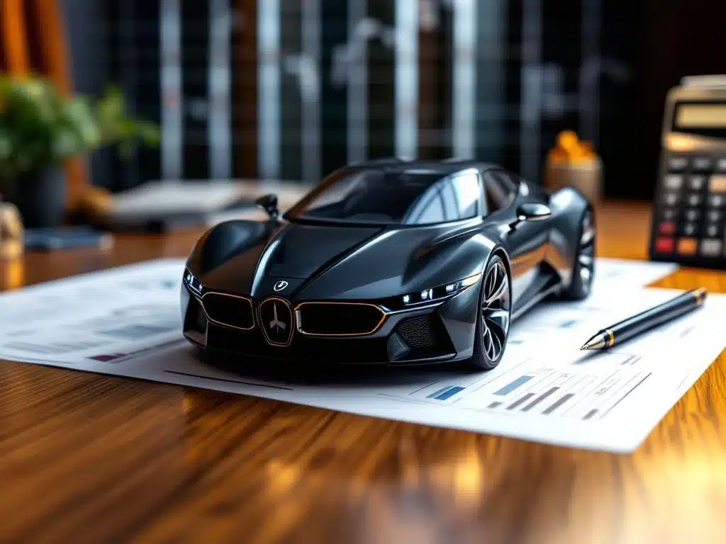 Moderne auto op houten bureau met financiƫle documenten, rekenmachine en pen voor autofinanciering