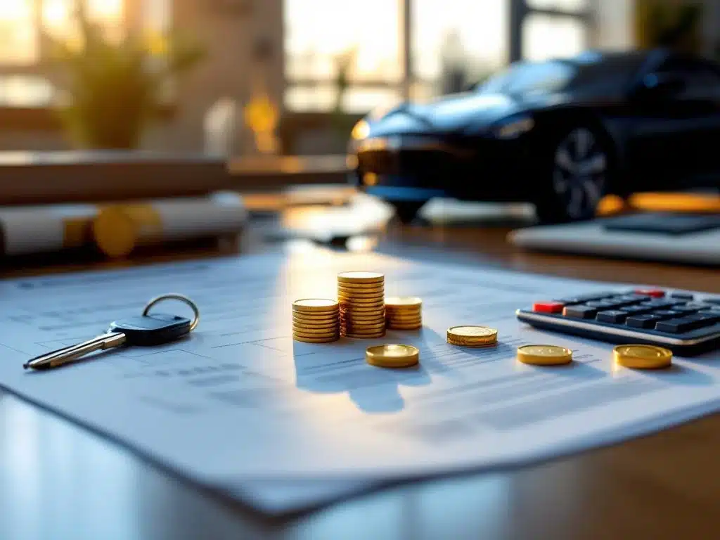 Zakelijke documenten en rekenmachine op houten bureau met gouden munten en autosleutels, auto op achtergrond