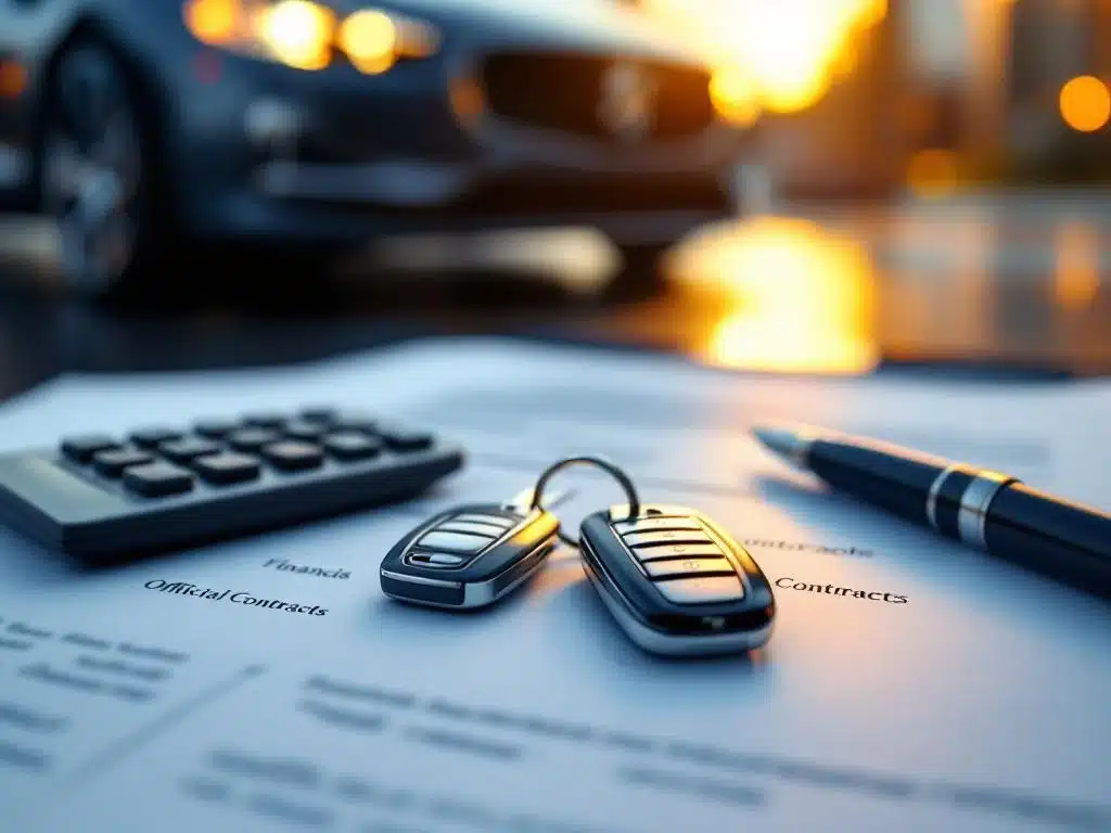 Autosleutels op financiële contracten met luxe auto op achtergrond, calculator en pen voor autofinanciering