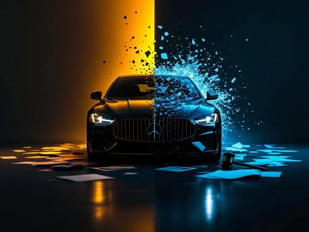 Zwarte luxeauto in gesplitste compositie met gouden licht en blauwe schaduwen, financiële documenten en hamer zichtbaar