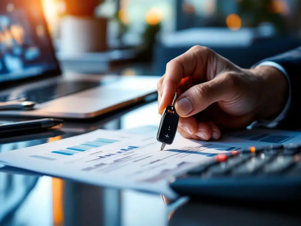 Professionele handen houden autosleutel boven financiële documenten en rekenmachine op modern bureau