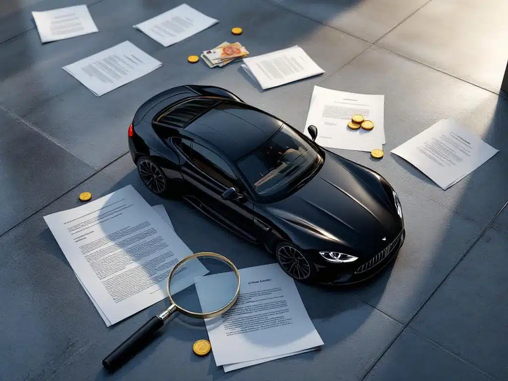 Zwarte luxeauto op beton met contracten, vergrootglas, munten en bankbiljetten die verborgen kosten in autofinanciering tonen