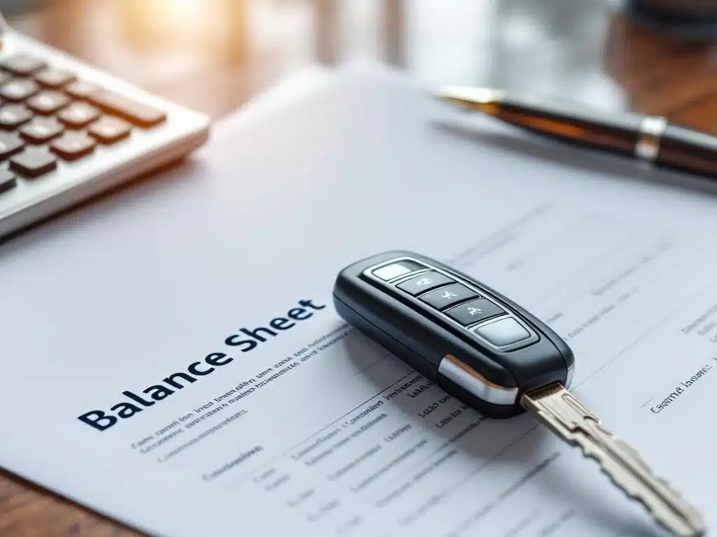 Balansrapport op mahoniehout bureau met calculator, vulpen en autosleutel voor lease-boekhouding