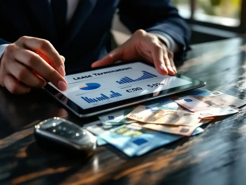 Handen met tablet met financiƫle grafieken en leaseberekeningen, eurobiljetten en autosleutel op houten bureau
