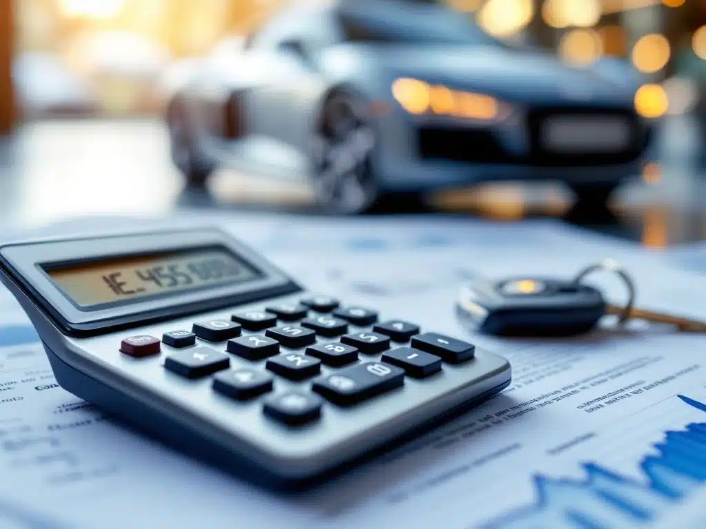 Rekenmachine met financiële cijfers op lease-documenten naast autosleutel, auto op achtergrond wazig zichtbaar
