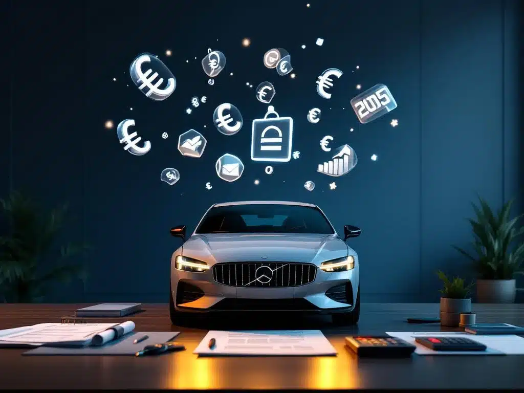 Moderne zakenauto met zwevende rekenmachine symbolen en euro iconen boven bureau met financiƫle documenten en autosleutels